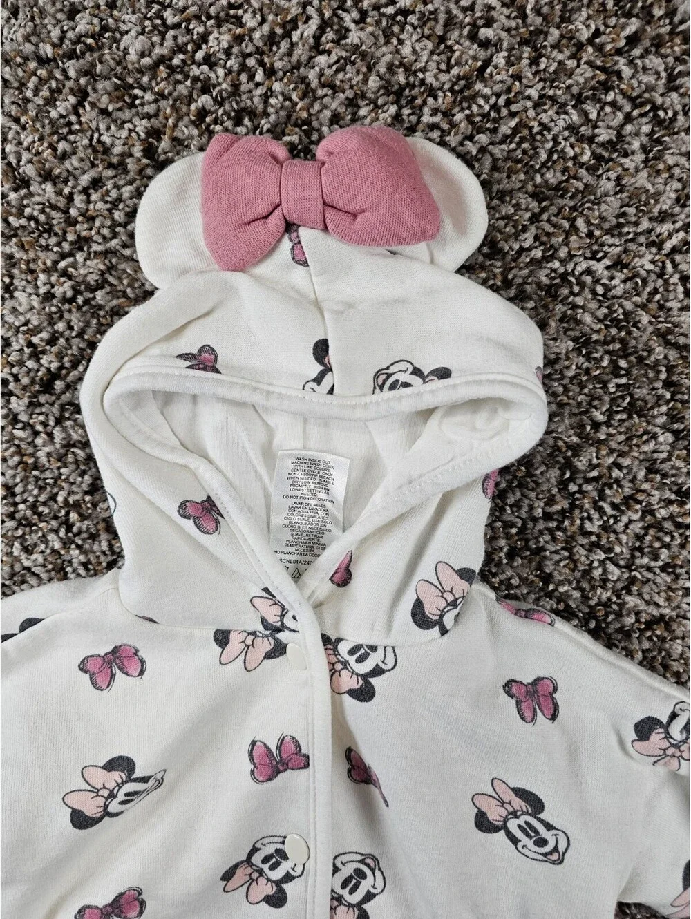 Disney Baby Girls Sz 6M Button Up Hooded Jacket Minnie Mouse Bow White